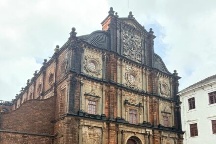 Front view of the Basilica of Bom Jesus in Old Goa, showcasing its historic Portuguese architecture