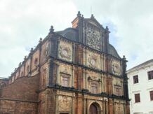 Front view of the Basilica of Bom Jesus in Old Goa, showcasing its historic Portuguese architecture