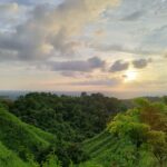 The setting sun glows through dramatic clouds above lush green forested hills, with the sea visible as a faint line on the far horizon.