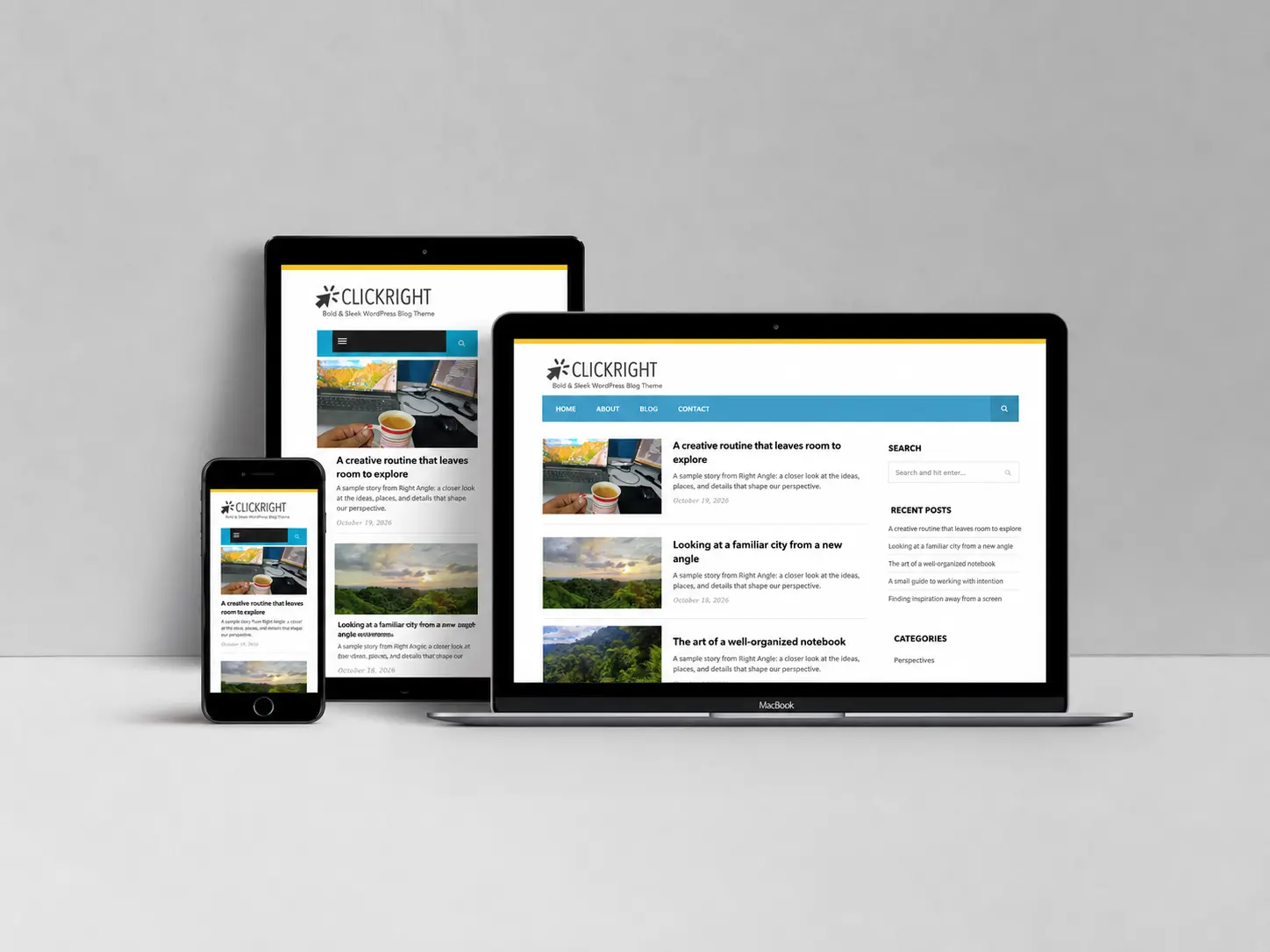 Clickright theme displayed on a desktop, tablet and phone