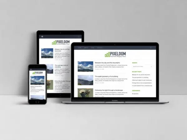 Pixeldom WordPress theme shown on a laptop, tablet, and phone