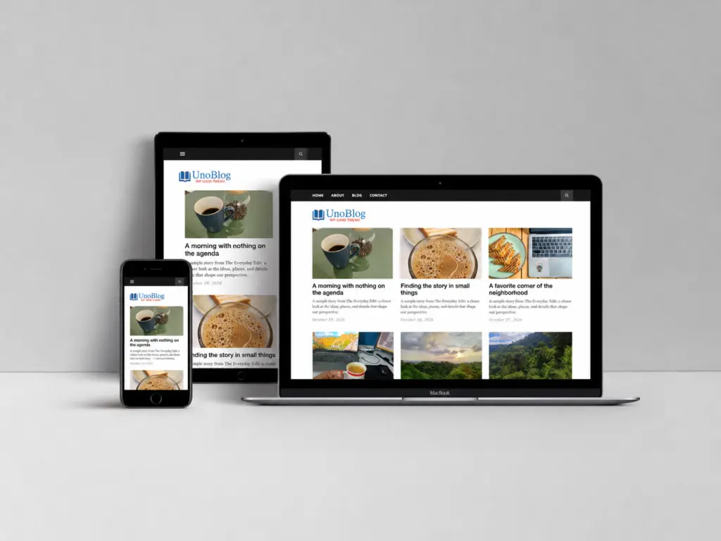 UnoBlog theme shown on desktop, tablet and phone