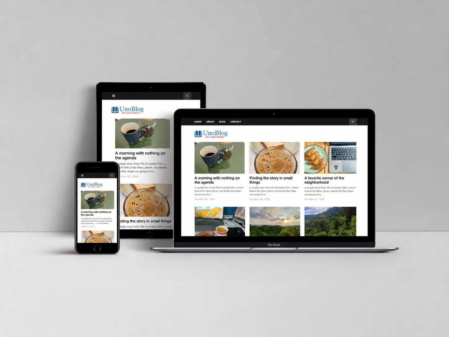 UnoBlog WordPress theme shown on a laptop, tablet, and phone