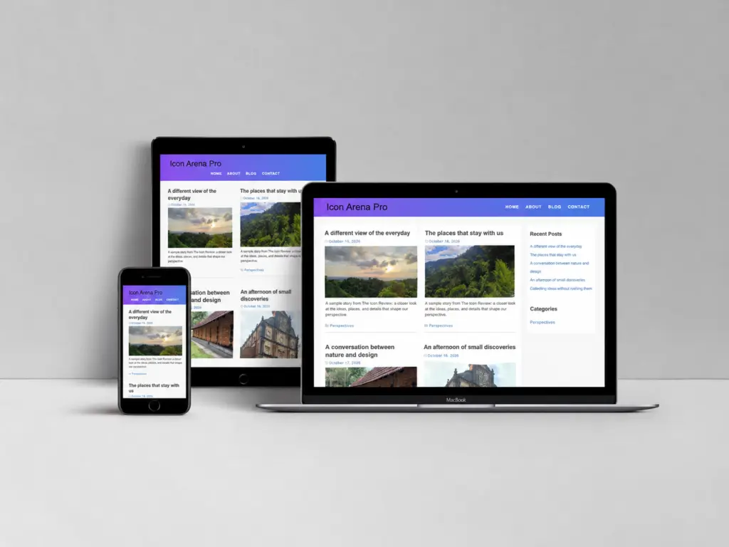 Icon Arena theme shown on desktop, tablet and phone