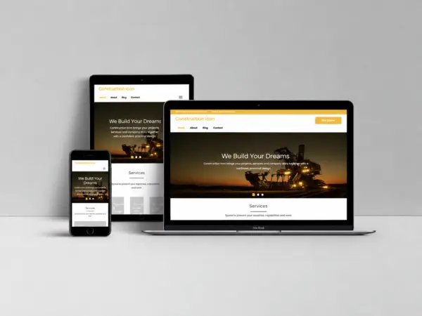 Construction Icon WordPress theme shown on a laptop, tablet, and phone