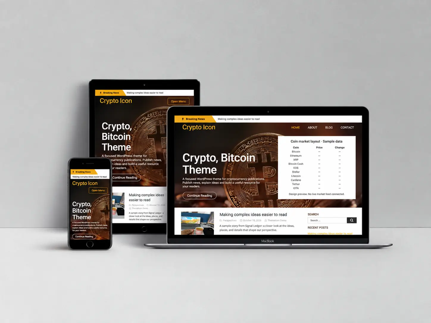 Crypto Icon WordPress theme shown on a laptop, tablet, and phone