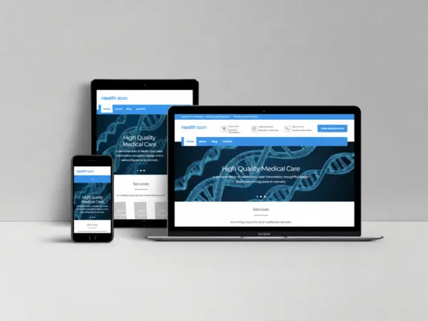 Health Icon WordPress theme shown on a laptop, tablet, and phone