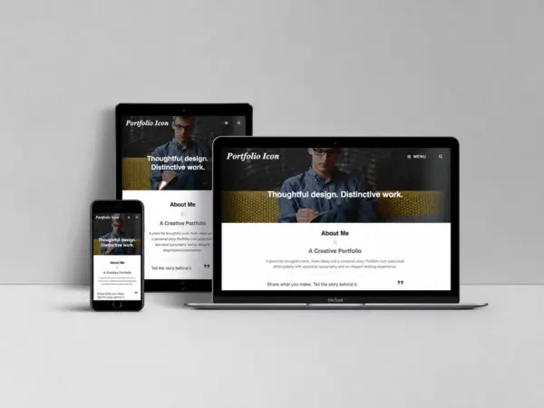 Portfolio Icon WordPress theme shown on a laptop, tablet, and phone