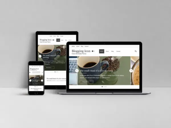 Blogging Icon WordPress theme shown on a laptop, tablet, and phone